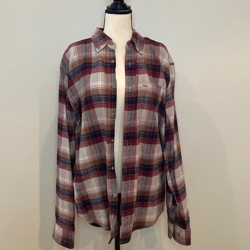 Mens Eddie Bauer long sleeve flannel button down plaid brown cream fall L